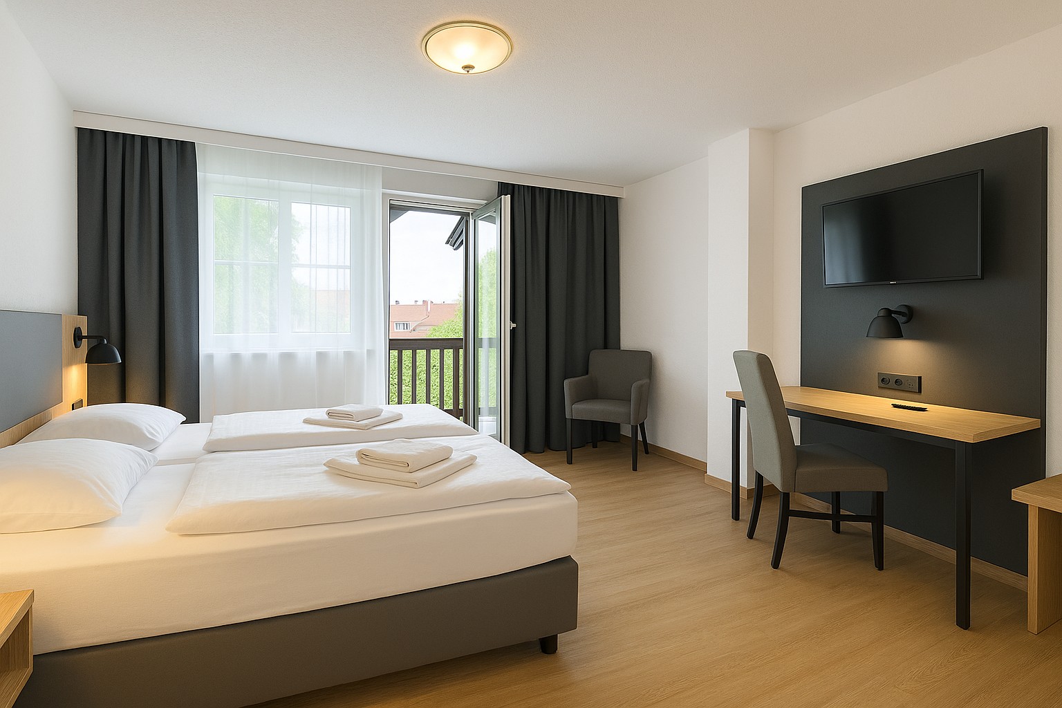 Zimmer im A8 Hotel mit Schreibtisch und Fernseher